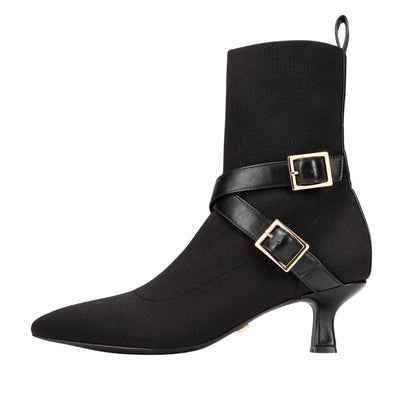 ALMA Black Knit Pointed-Toe Ankle Boots