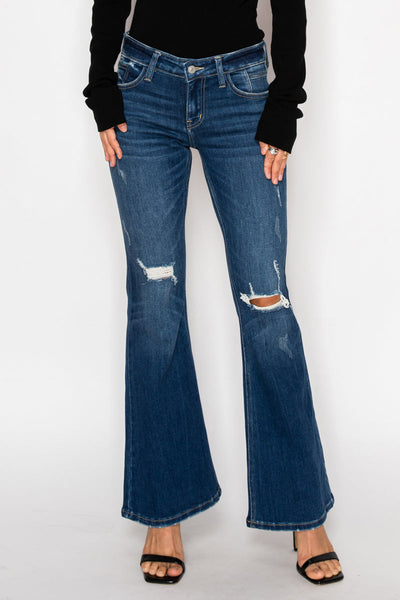 Artemis Vintage Margaret low-rise vintage flare jeans in dark-wash stretch denim with knee distressing.