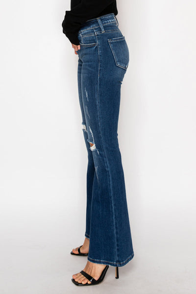 Artemis Vintage Margaret low-rise vintage flare jeans in dark-wash stretch denim with knee distressing.