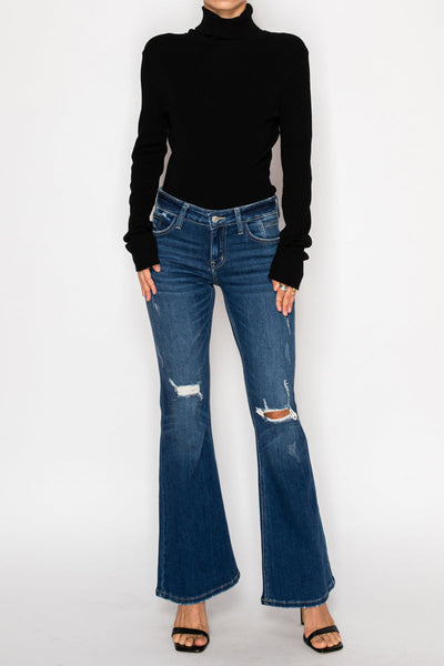 Artemis Vintage Margaret low-rise vintage flare jeans in dark-wash stretch denim with knee distressing.