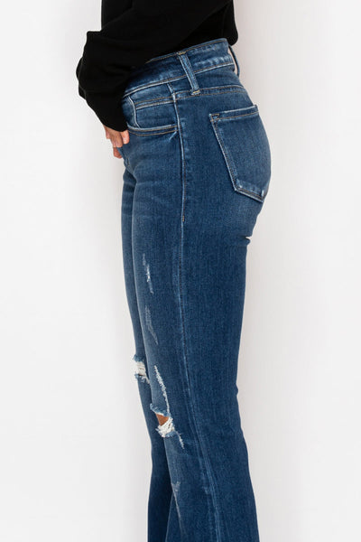 Artemis Vintage Margaret low-rise vintage flare jeans in dark-wash stretch denim with knee distressing.