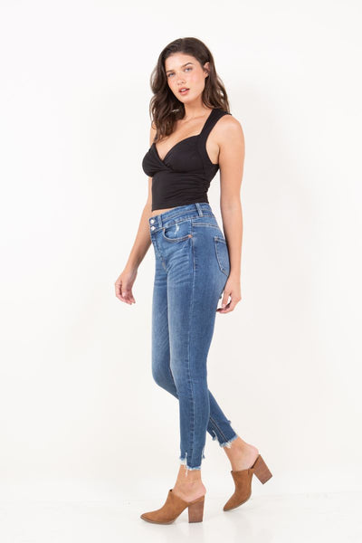 Artemis Vintage Rebel ultra-high-rise skinny ankle jeans with a corset-style double waistband and distressed hem.