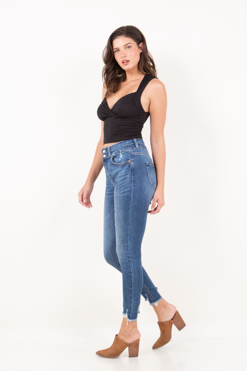 Artemis Vintage Rebel ultra-high-rise skinny ankle jeans with a corset-style double waistband and distressed hem.