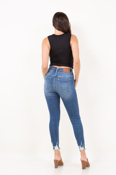 Artemis Vintage Rebel ultra-high-rise skinny ankle jeans with a corset-style double waistband and distressed hem.