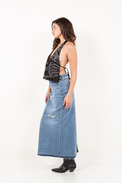 Livia Denim Maxi Skirt Frayed Waistband w/ Slit Detail by Artemis Vintage – product view 2