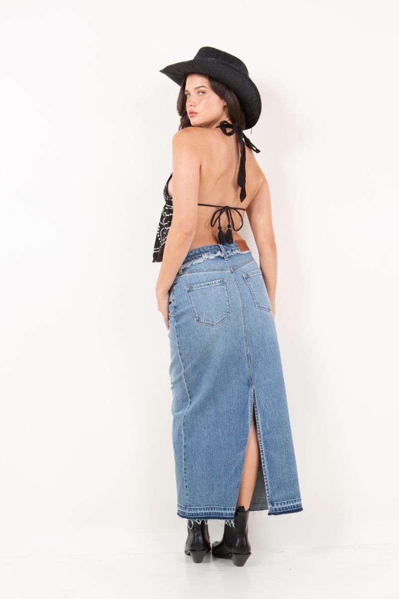Livia Denim Maxi Skirt Frayed Waistband w/ Slit Detail by Artemis Vintage – product view 3