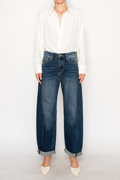 Artemis Vintage dark stone-wash high-rise barrel jeans with a relaxed tapered leg and cuffed hem; product view 5.