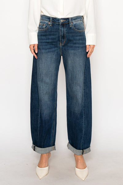Artemis Vintage dark stone-wash high-rise barrel jeans with a relaxed tapered leg and cuffed hem; product view 1.