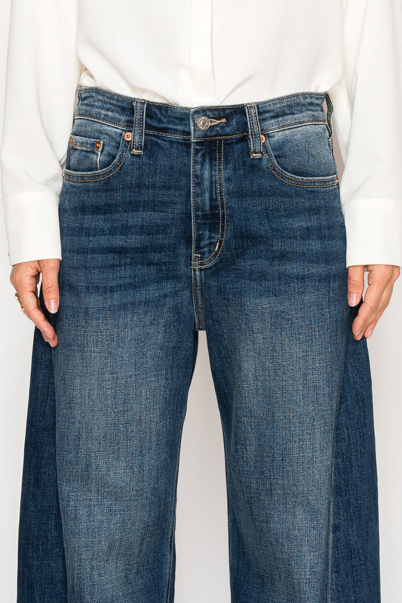 Artemis Vintage dark stone-wash high-rise barrel jeans with a relaxed tapered leg and cuffed hem; product view 8.