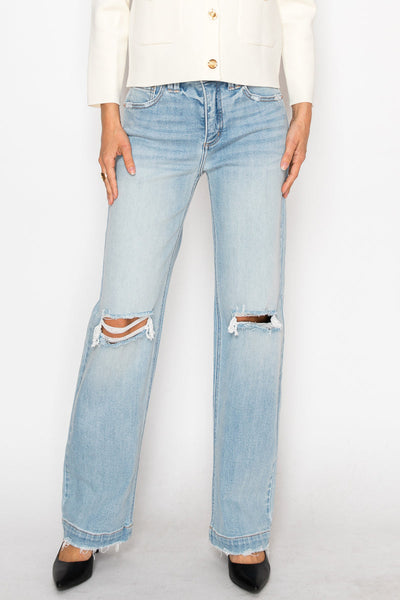 Artemis Vintage high-rise tummy-control relaxed straight-leg jeans with a distressed release hem.