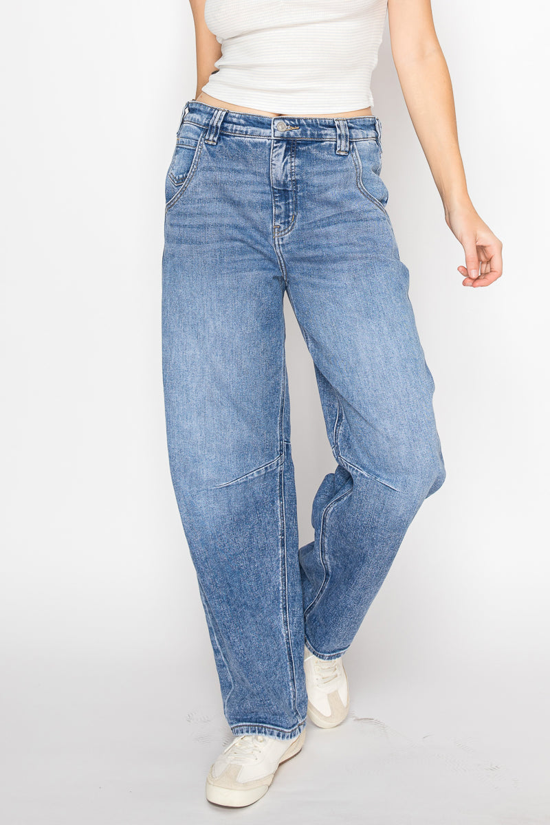 Artemis Vintage Sloane high-rise barrel jeans with an adjustable waistband, medium wash, and tapered cropped leg.