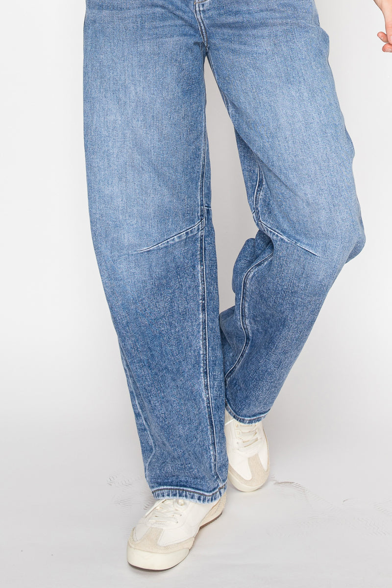 Artemis Vintage Sloane high-rise barrel jeans with an adjustable waistband, medium wash, and tapered cropped leg.