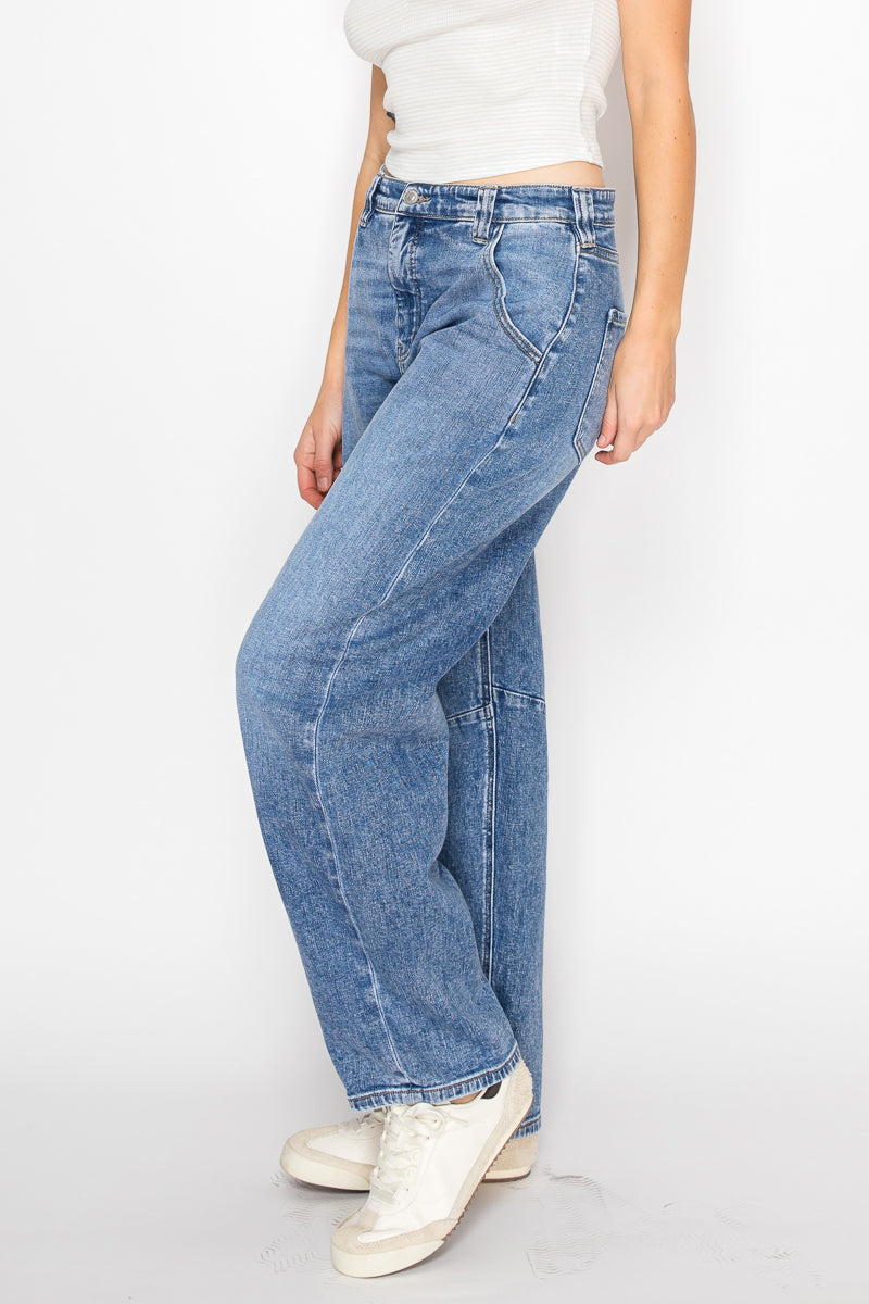 Artemis Vintage Sloane high-rise barrel jeans with an adjustable waistband, medium wash, and tapered cropped leg.