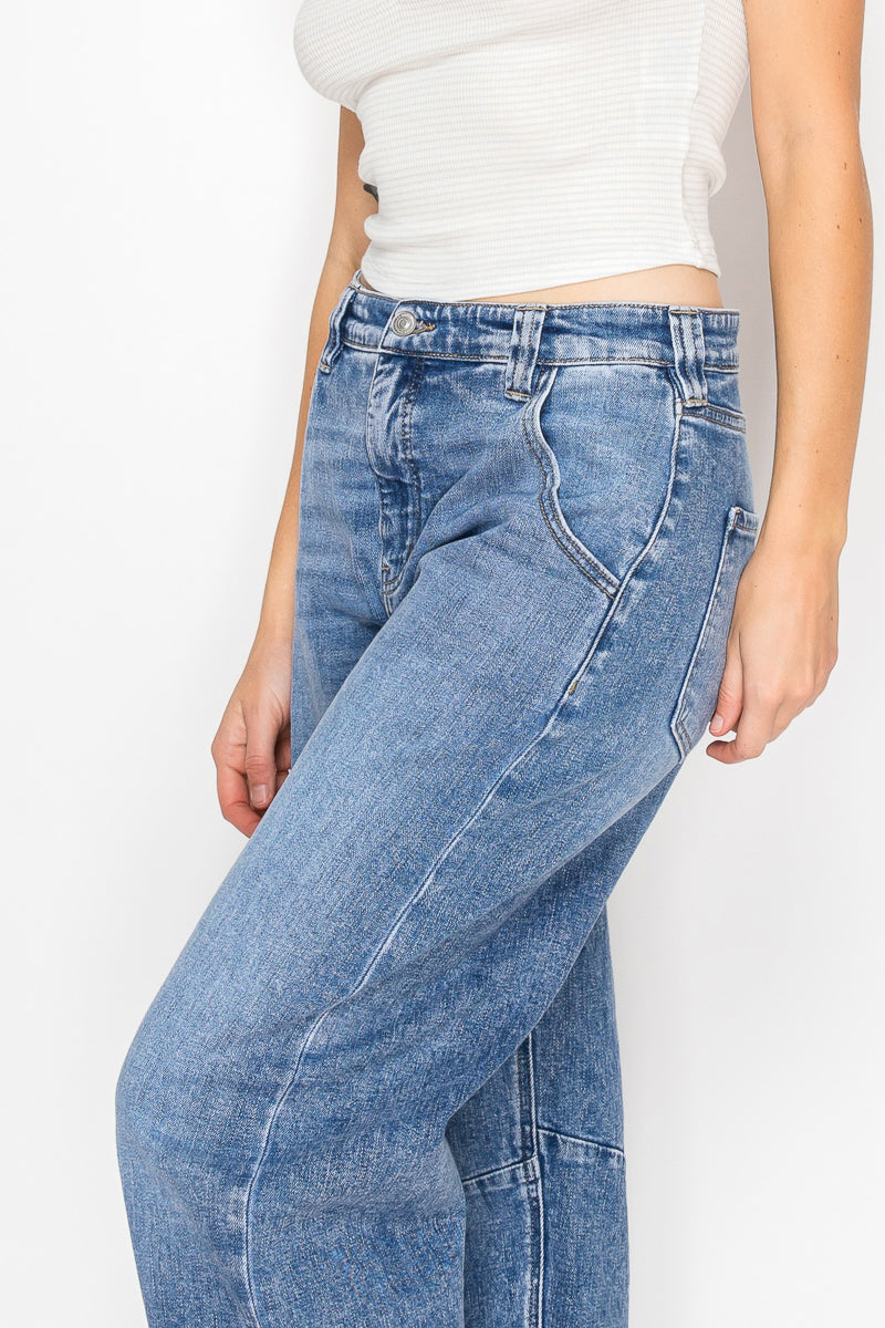 Artemis Vintage Sloane high-rise barrel jeans with an adjustable waistband, medium wash, and tapered cropped leg.