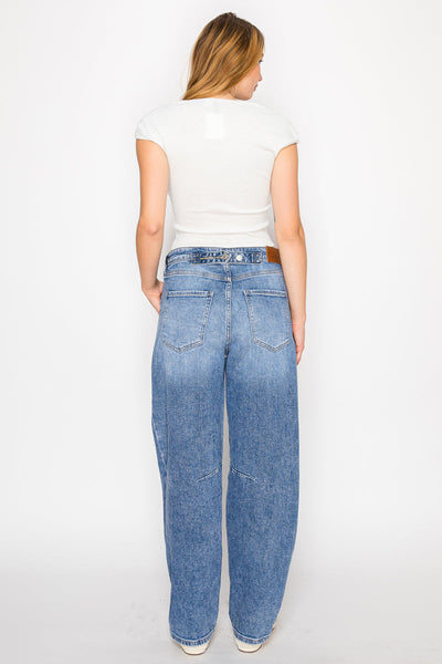Artemis Vintage Sloane high-rise barrel jeans with an adjustable waistband, medium wash, and tapered cropped leg.