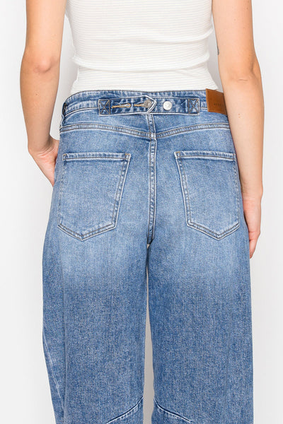 Artemis Vintage Sloane high-rise barrel jeans with an adjustable waistband, medium wash, and tapered cropped leg.