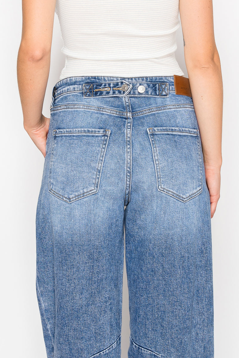 Artemis Vintage Sloane high-rise barrel jeans with an adjustable waistband, medium wash, and tapered cropped leg.