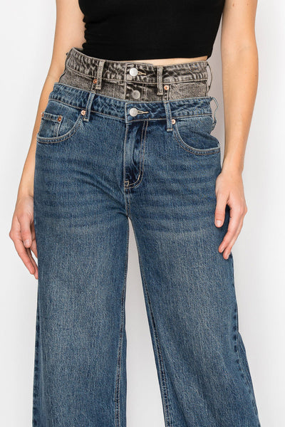 Double Snap On Waistband Layered Ultra High Rise Wide Jeans