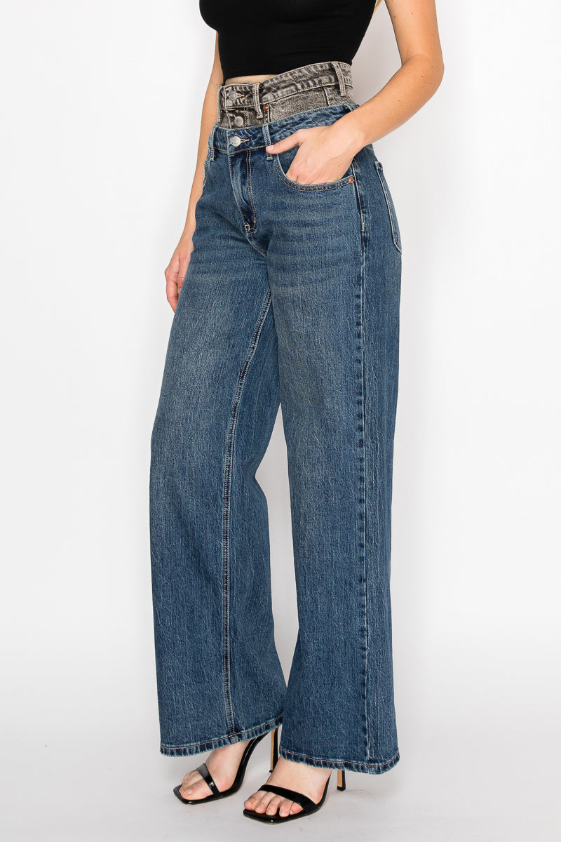 Double Snap On Waistband Layered Ultra High Rise Wide Jeans