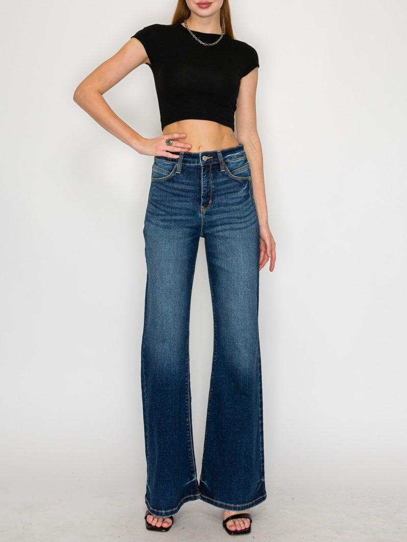 Artemis Vintage Leilani high-rise tummy-control Holly flare jeans in dark-wash stretch denim.