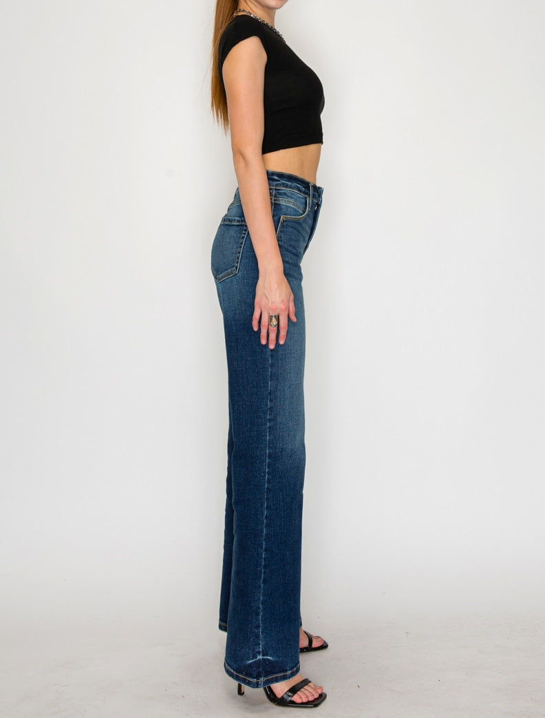Artemis Vintage Leilani high-rise tummy-control Holly flare jeans in dark-wash stretch denim.