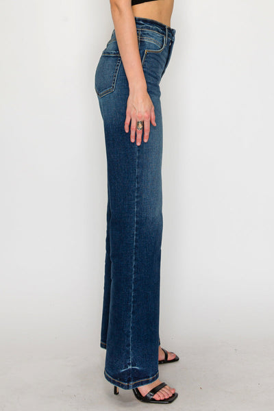 Artemis Vintage Leilani high-rise tummy-control Holly flare jeans in dark-wash stretch denim.