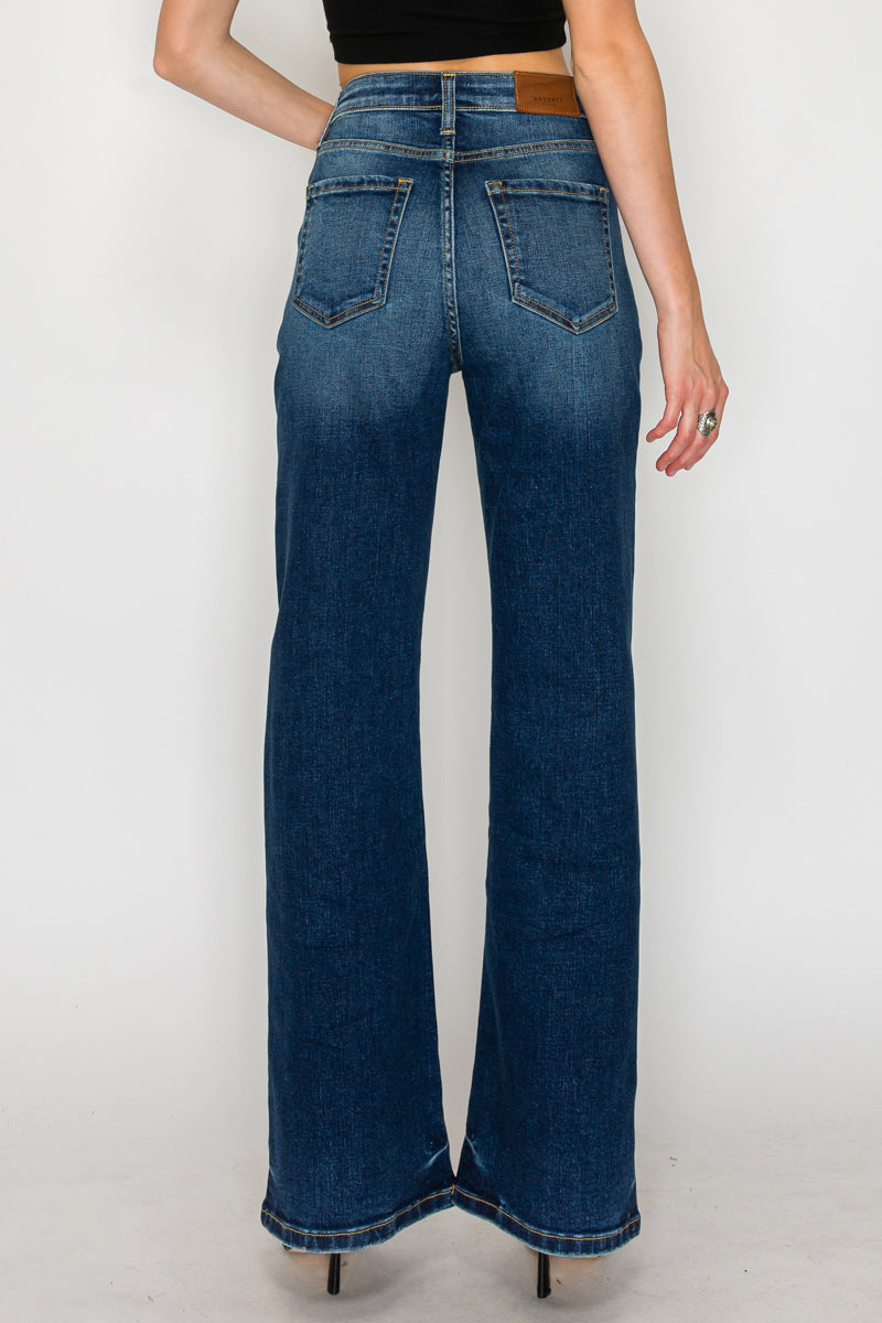 Artemis Vintage Leilani high-rise tummy-control Holly flare jeans in dark-wash stretch denim.