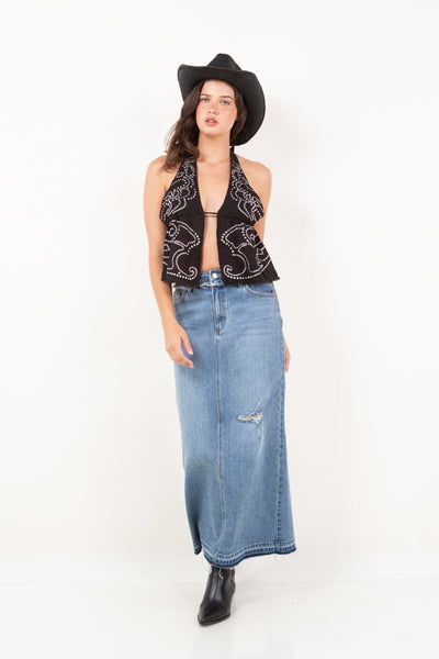 Livia Denim Maxi Skirt Frayed Waistband w/ Slit Detail by Artemis Vintage – product view 8