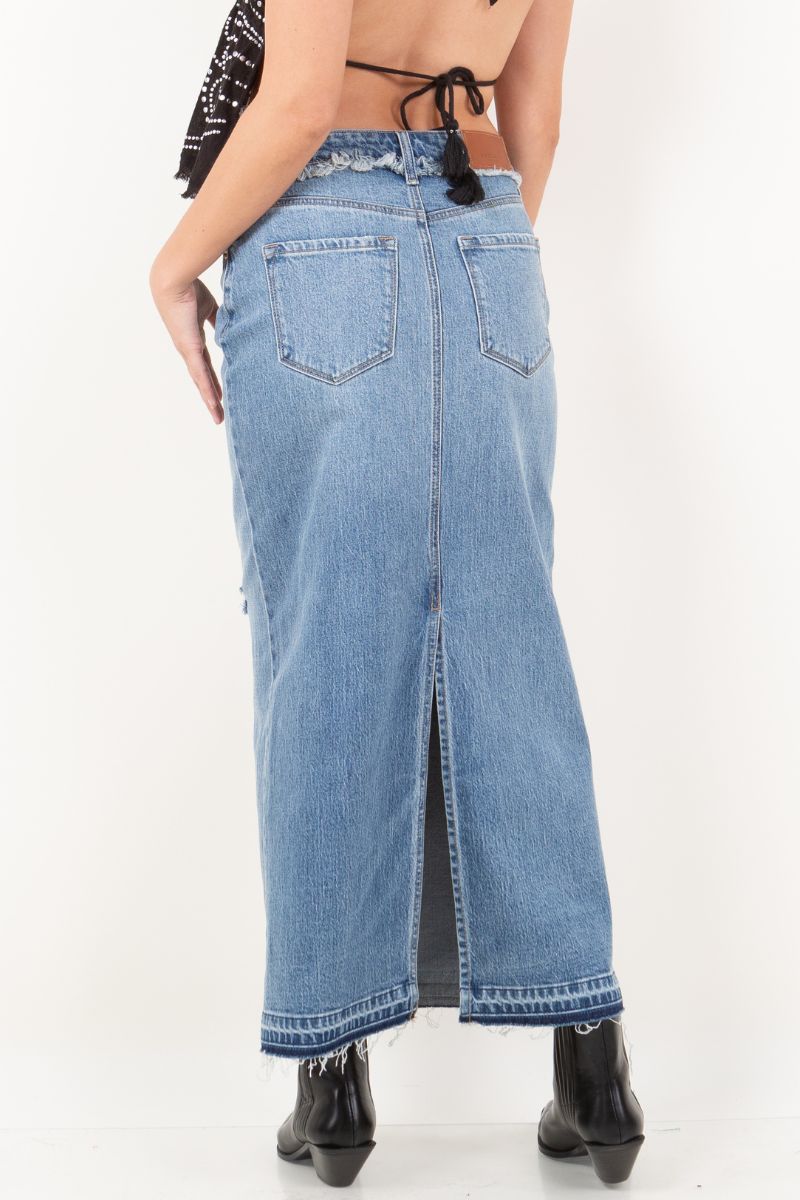 Livia Denim Maxi Skirt Frayed Waistband w/ Slit Detail by Artemis Vintage – product view 13