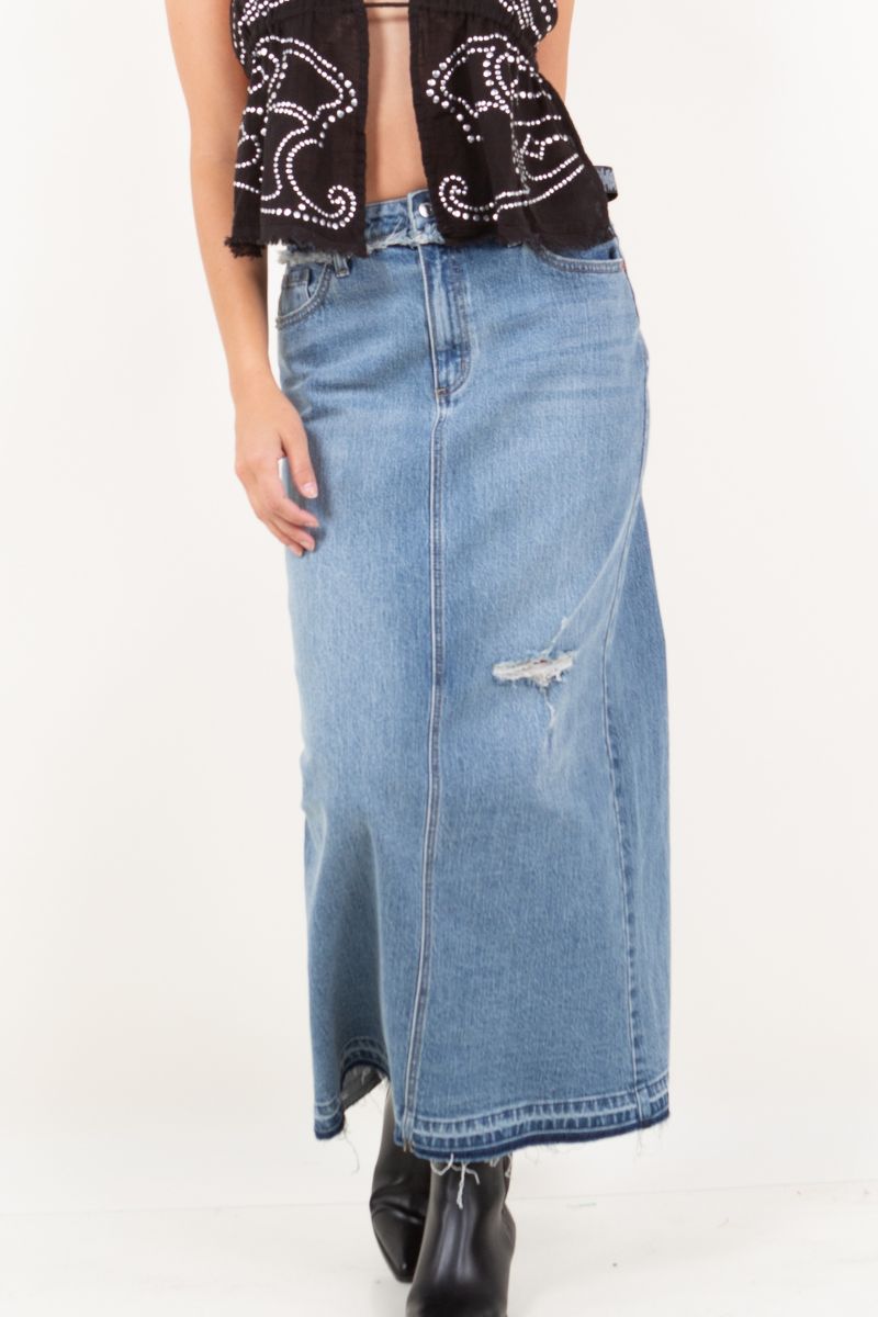 Livia Denim Maxi Skirt Frayed Waistband w/ Slit Detail by Artemis Vintage – product view 14