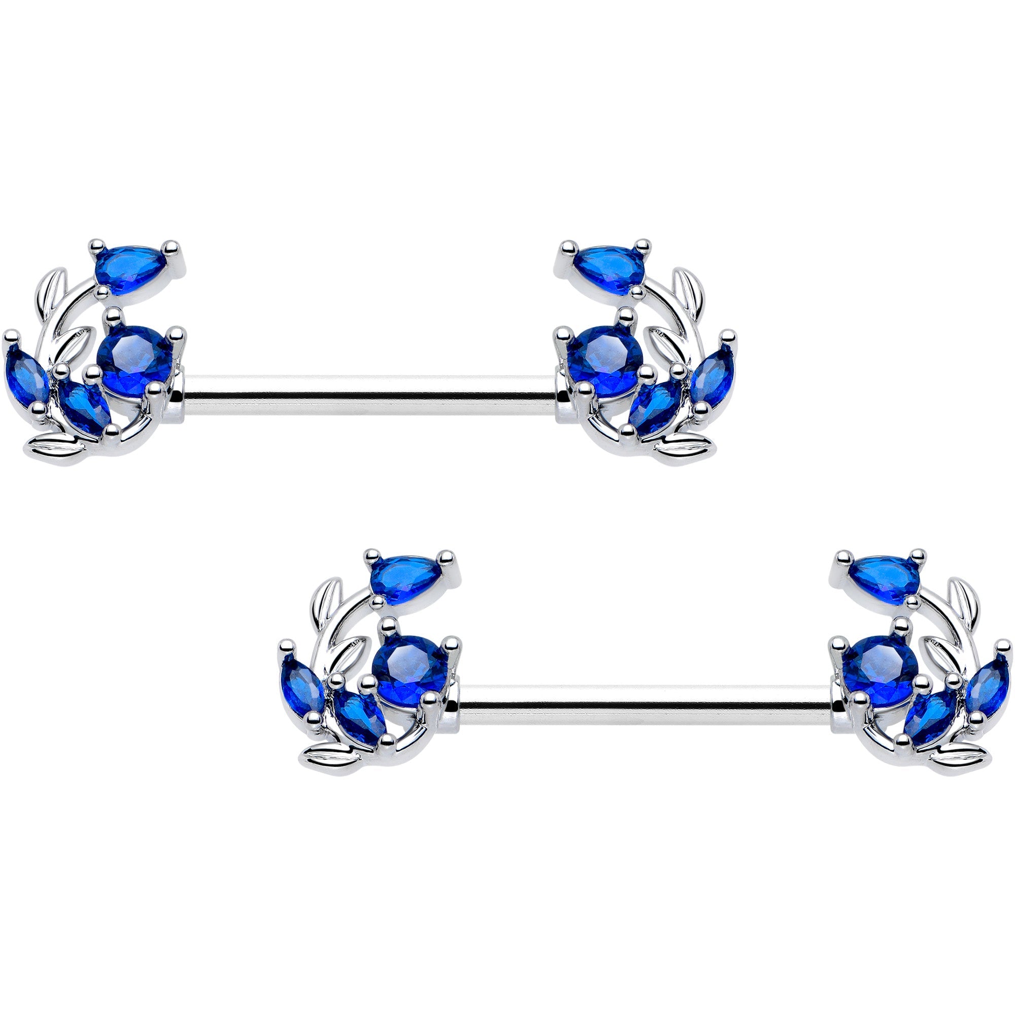 Set de dos piercings para pezón con diseño de vid retorcida, gema azul, 14G y 9/16