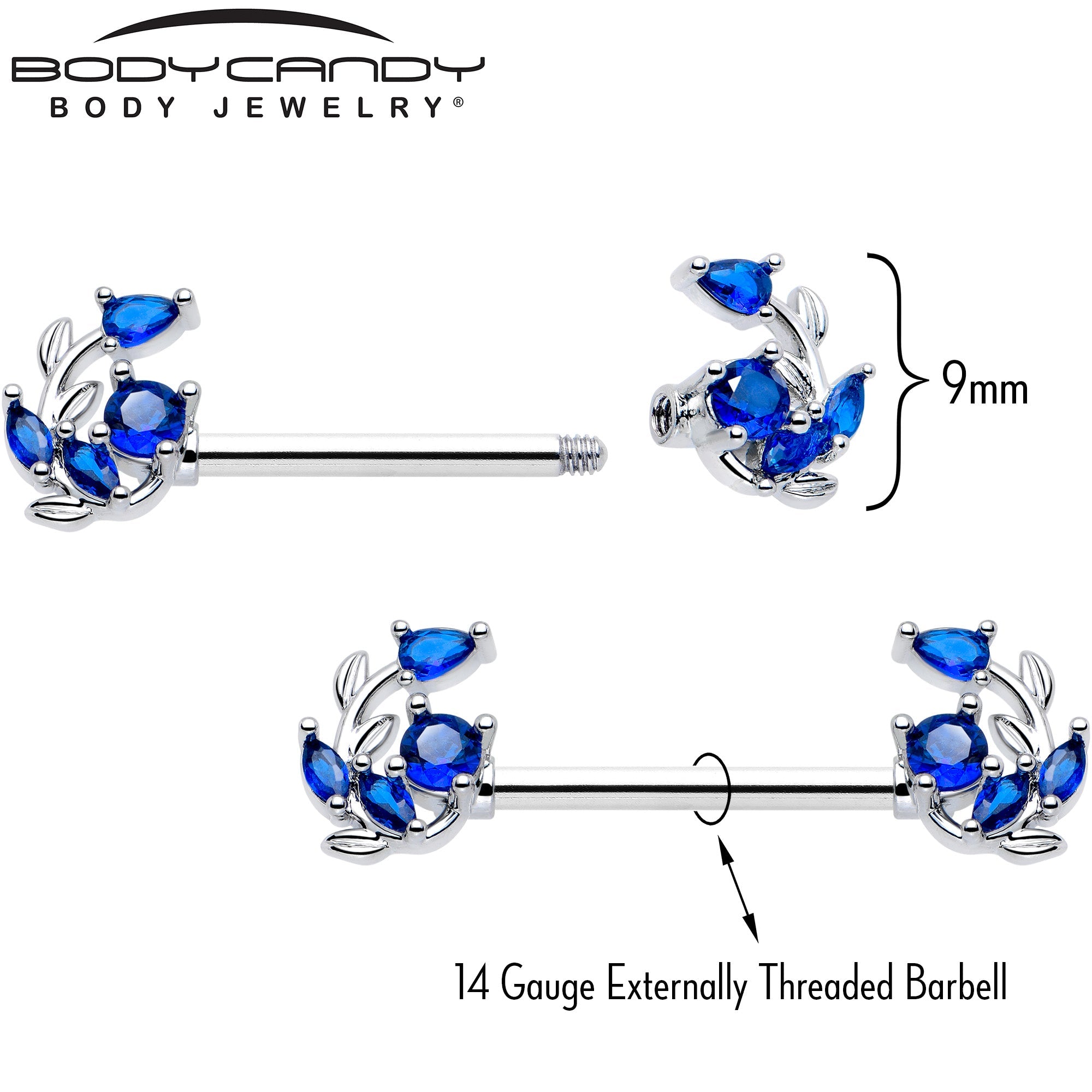 Lot de 2 piercings de mamelon en forme de vigne torsadée avec pierres précieuses bleues, calibre 14G 9/16