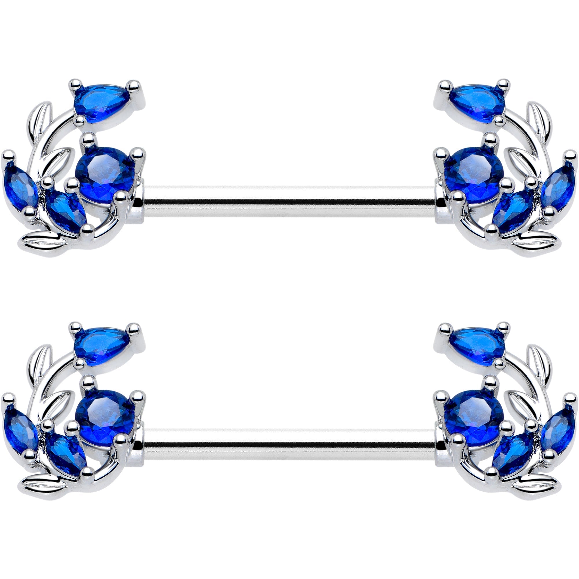Set de dos piercings para pezón con diseño de vid retorcida, gema azul, 14G y 9/16