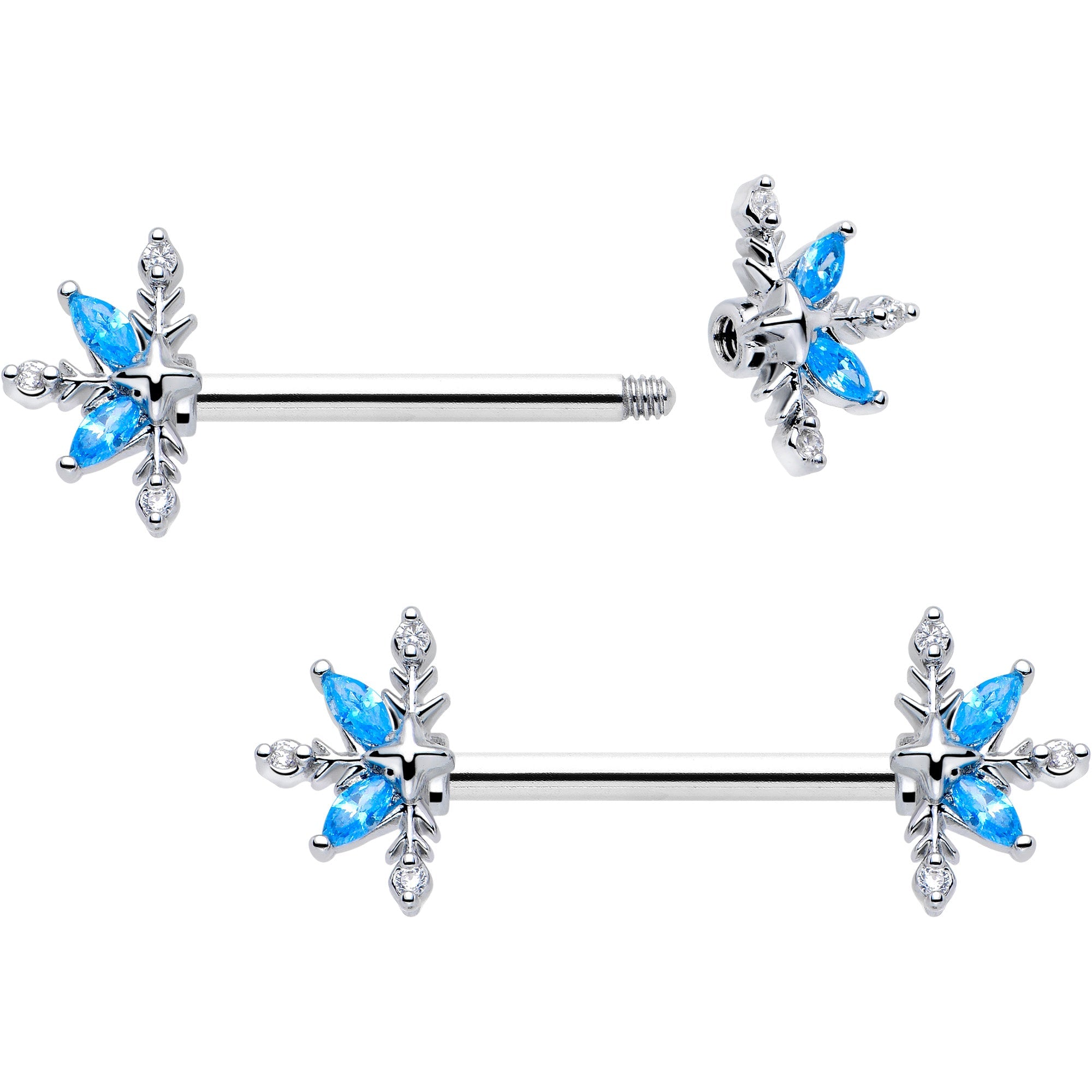 Set de 2 Pcs Piercings de Pescuela de Flores Clásicas con Gema CZ Azul de 14G y 9/16