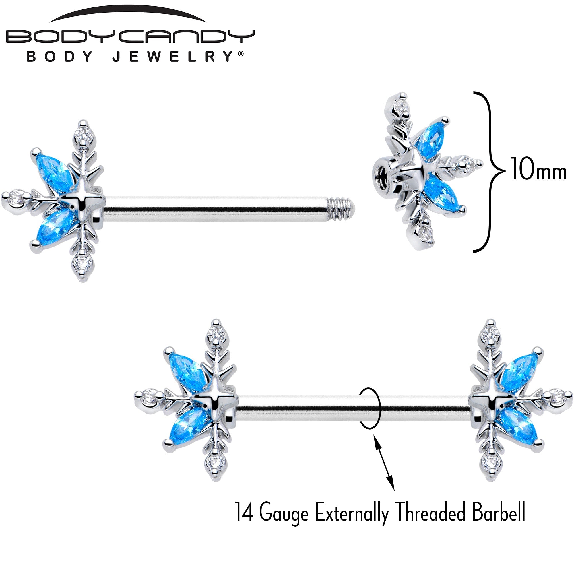 Lot de 2 piercings de mamelon en forme de fleur classique avec strass bleus et barres de 14G 9/16
