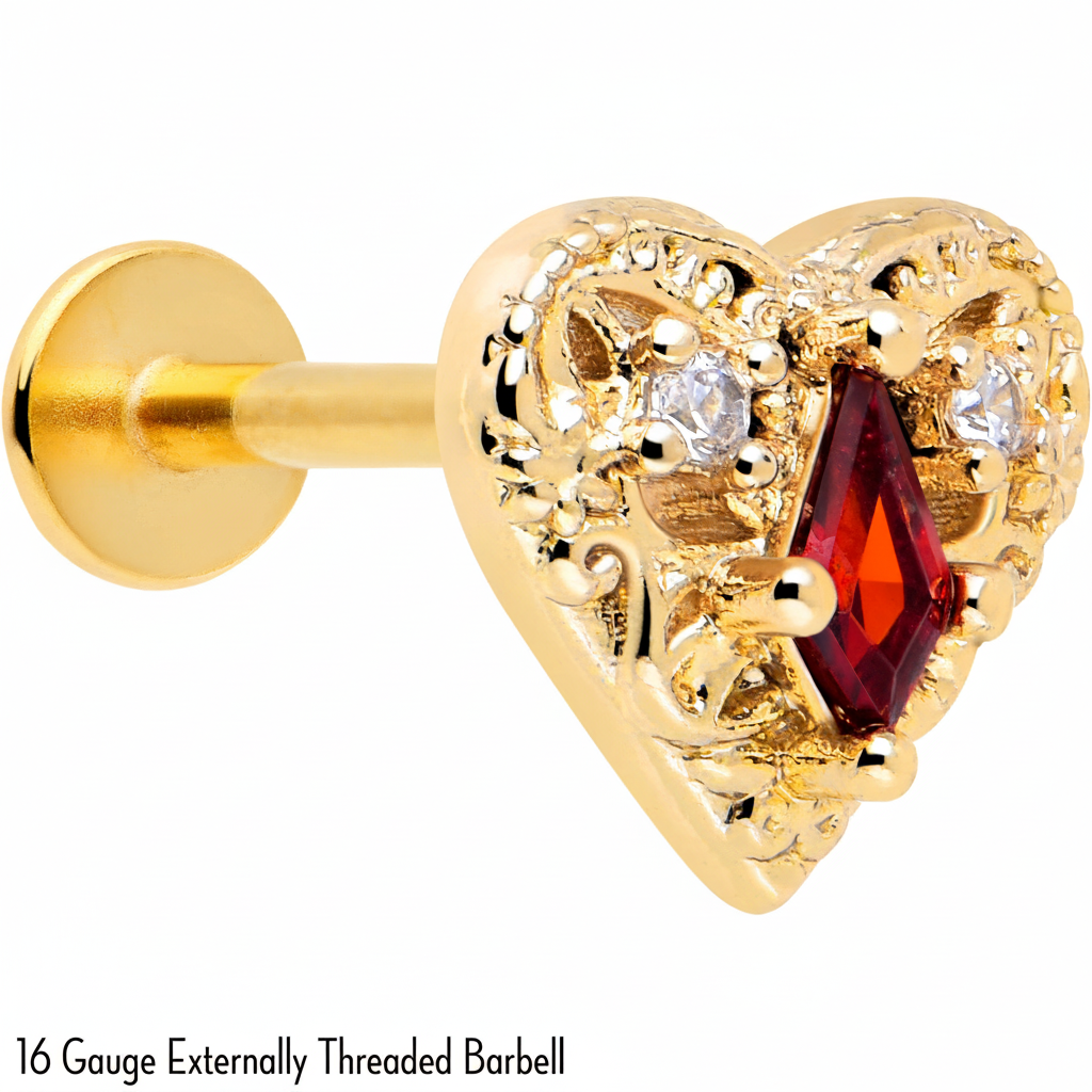 16G 5/16 Red CZ Gem Gold Tone Heart Queen Flatback Stud