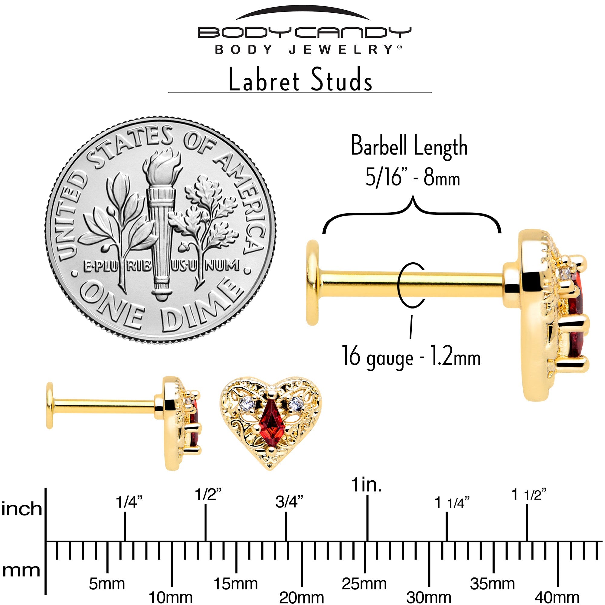 Stud Plat à Cœur de Reine Ton Or avec Gemme CZ Rouge 5/16 16G