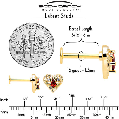 Stud Plat à Cœur de Reine Ton Or avec Gemme CZ Rouge 5/16 16G