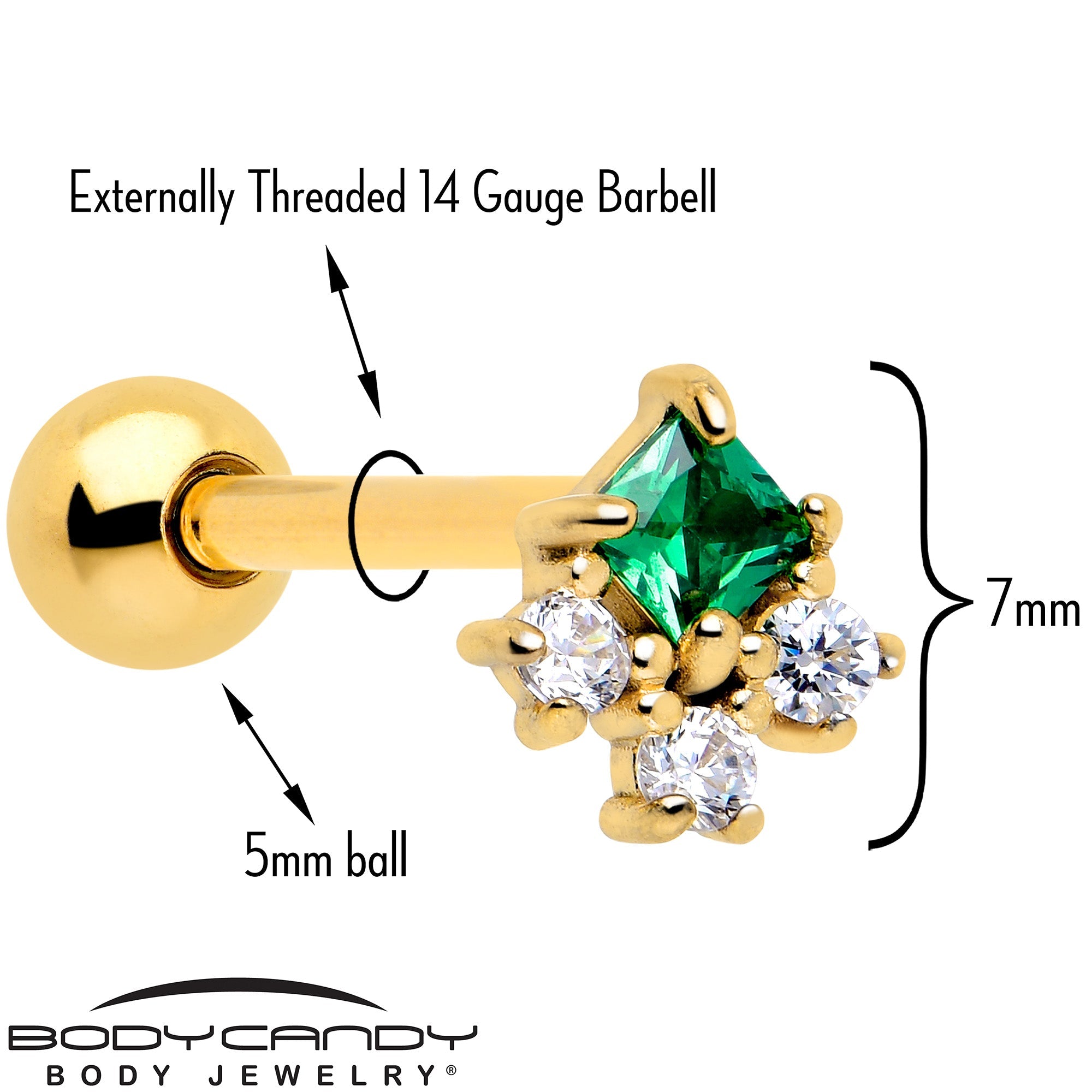 Piercing de langue haltère losange ton doré CZ vert Riot