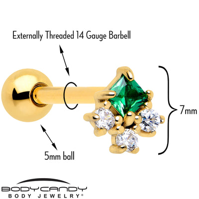 Piercing de langue haltère losange ton doré CZ vert Riot