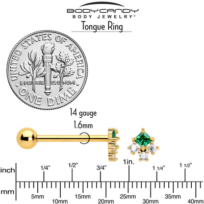 Piercing de langue haltère losange ton doré CZ vert Riot