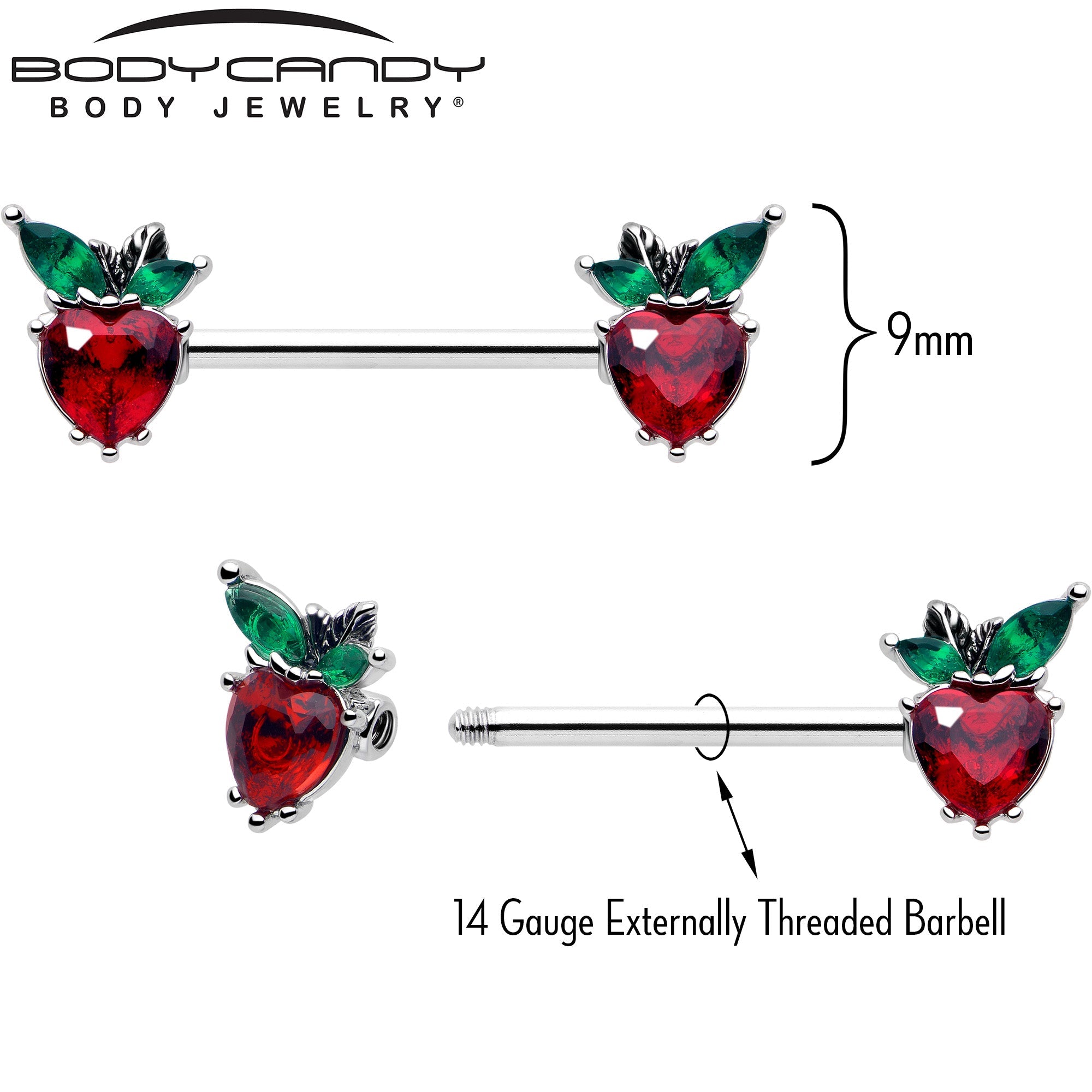 Lot de 2 piercings de mamelon en forme de cœur fraise avec gemme rouge et verte, calibre 14G, longueur 9/16