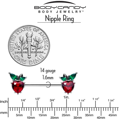 Lot de 2 piercings de mamelon en forme de cœur fraise avec gemme rouge et verte, calibre 14G, longueur 9/16