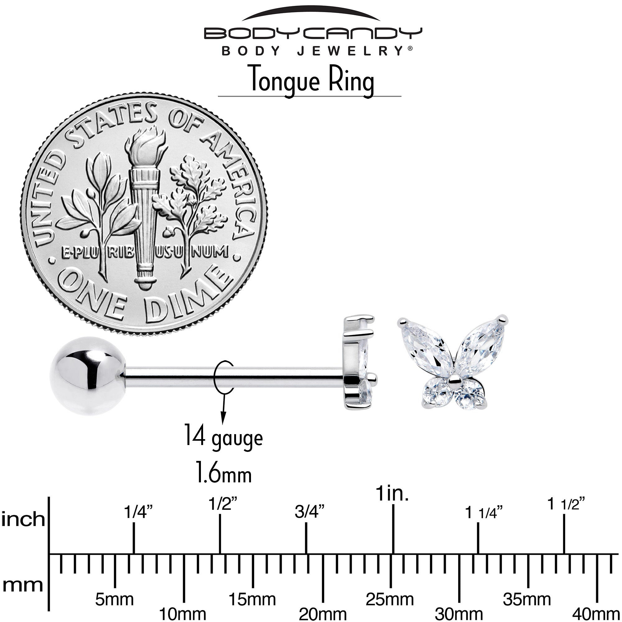 Anneau de langue haltère papillon à ailes ouvertes avec pierres claires en zircone cubique