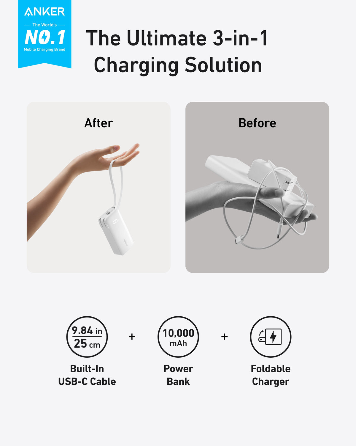 Batterie externe Anker (10K, Fusion, Câble intégré)