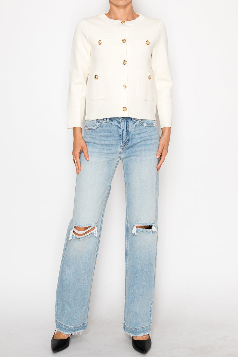 Artemis Vintage high-rise tummy-control relaxed straight-leg jeans with a distressed release hem.