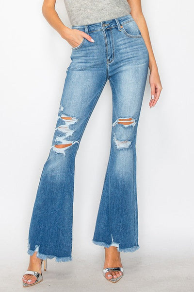Stellar medium stone-wash high-rise flare jeans with distressed frayed hems and star embroidery on the back yoke; product view 2.