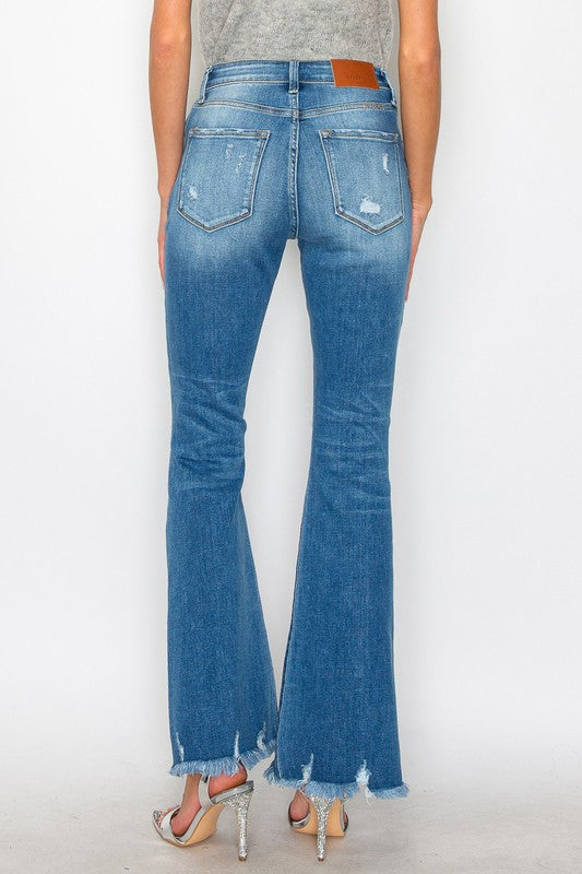 Stellar medium stone-wash high-rise flare jeans with distressed frayed hems and star embroidery on the back yoke; product view 4.