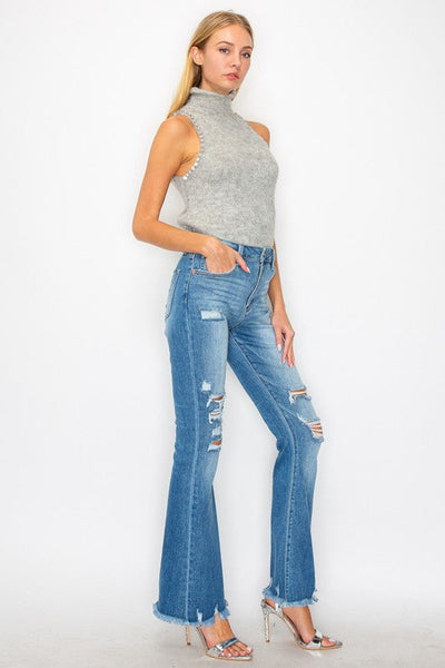 Stellar medium stone-wash high-rise flare jeans with distressed frayed hems and star embroidery on the back yoke; product view 6.
