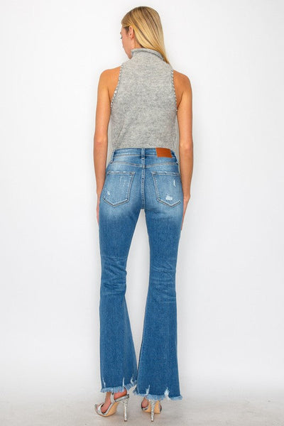 Stellar medium stone-wash high-rise flare jeans with distressed frayed hems and star embroidery on the back yoke; product view 7.